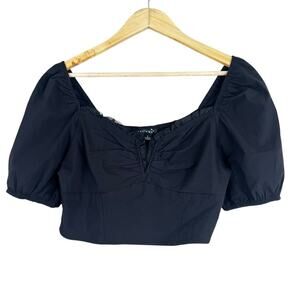 Haute Monde Crop Top Womens L Black Smocked Puff Sleeve Milkmaid Coquette Witchy